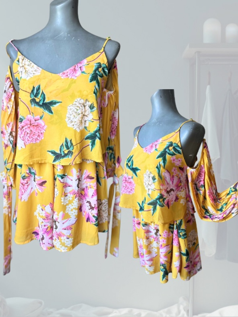 Yellow Chiffon Floral Cold-Shoulder Tiered Shorts Jumper.